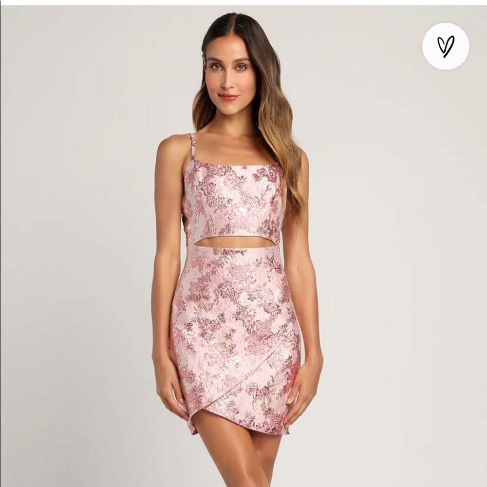 Your Attention Pink Metallic Floral Jacquard Cutout Mini Dress